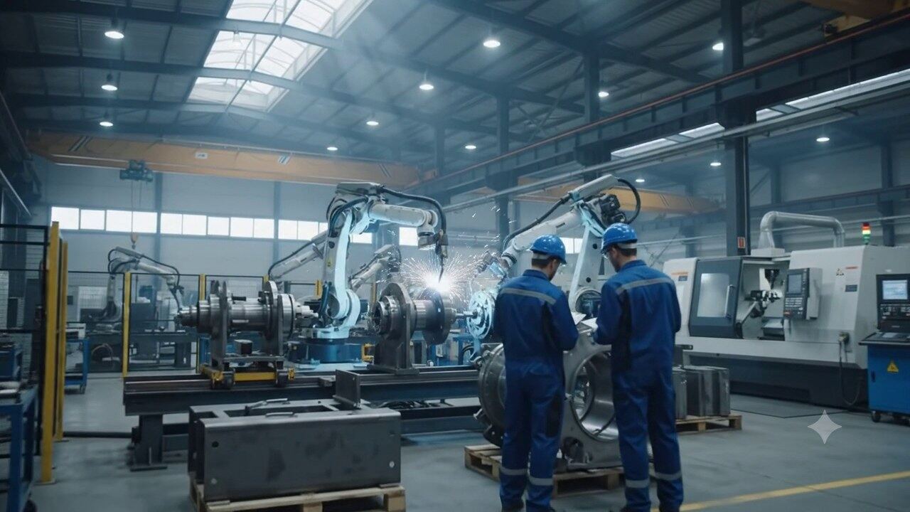 Inside a modern manufacturing plant: robotic welding arms at work while engineers inspect equipment